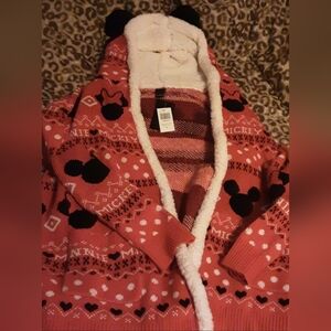 Disney Red and Black Fairisle Holiday Mickey/Minnie Mouse Hooded Sweater NWT